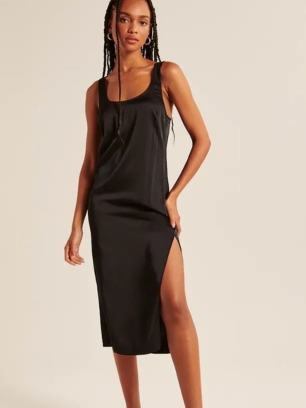 Abercrombie Black Satin Slip Midi Dress Scoop Neck Side Slit Size L